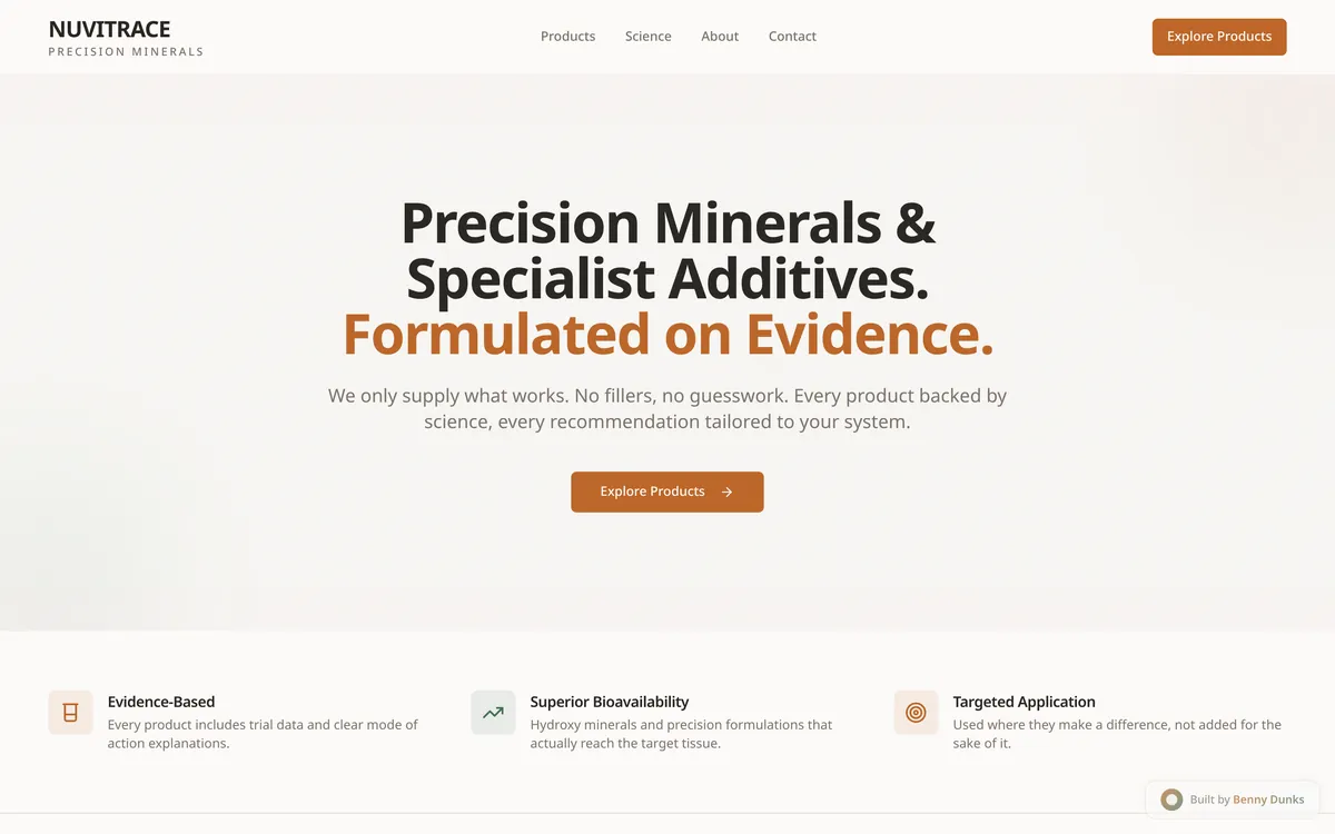 Screenshot of the Nuvitrace website homepage, a precision livestock supplements product catalogue site built by Benny Dunks.