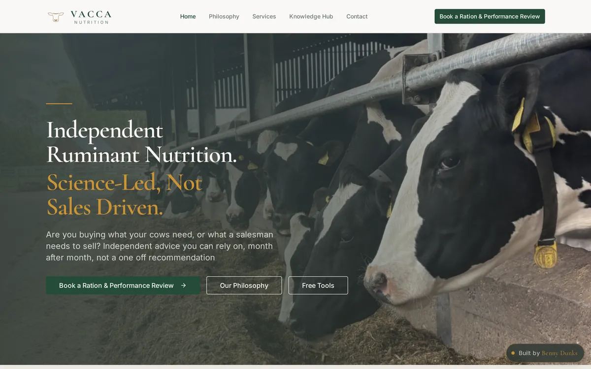 Screenshot of the Vacca Nutrition website homepage, an independent ruminant nutrition consultancy site built by Benny Dunks.